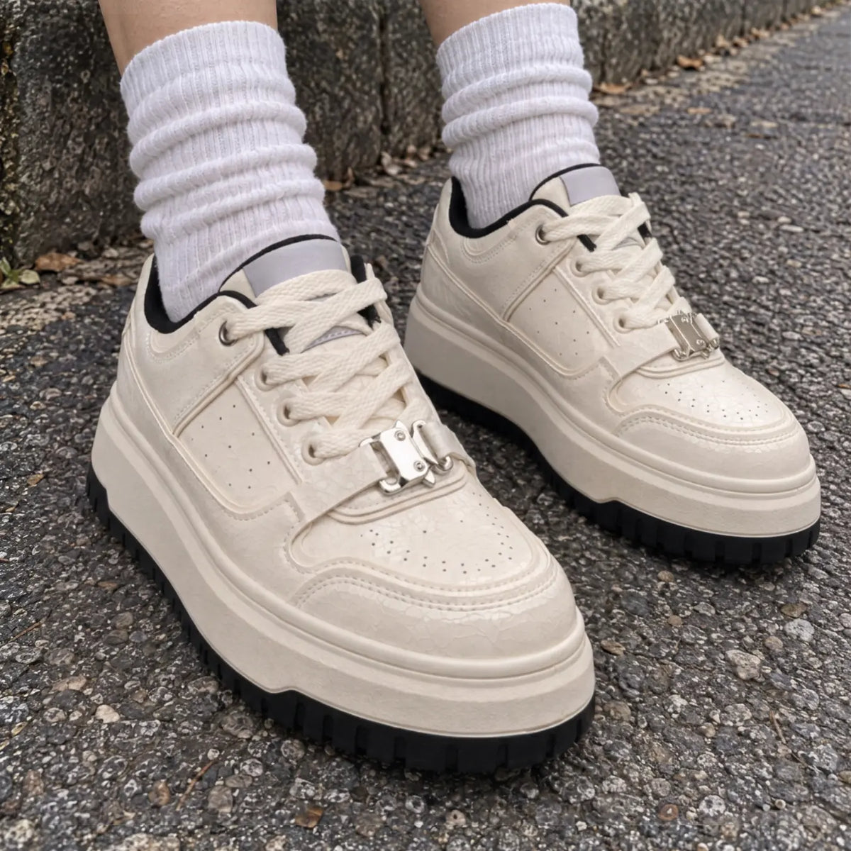 Zadie Women’s 7cm Elevator Sneakers | Chunky Platform Crackled PU Height Increasing Shoes | Lucimora - off-white
