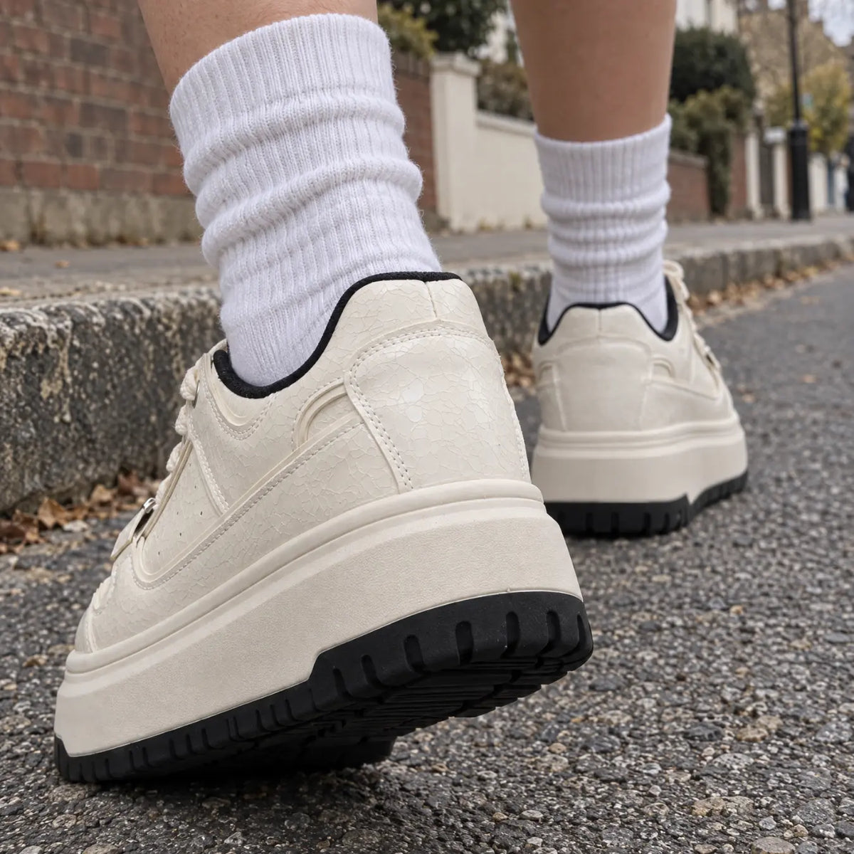 Zadie Women’s 7cm Elevator Sneakers | Chunky Platform Crackled PU Height Increasing Shoes | Lucimora - off-white