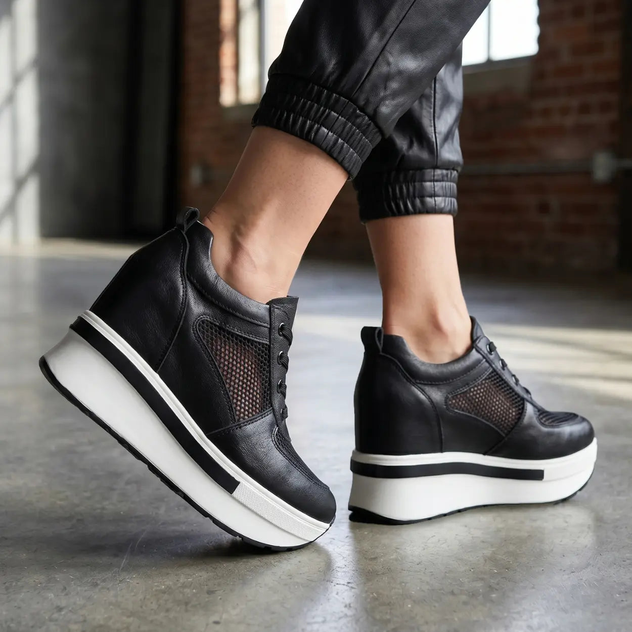 Breza 11cm height increasing breathable leather sneakers for women - Lucimora