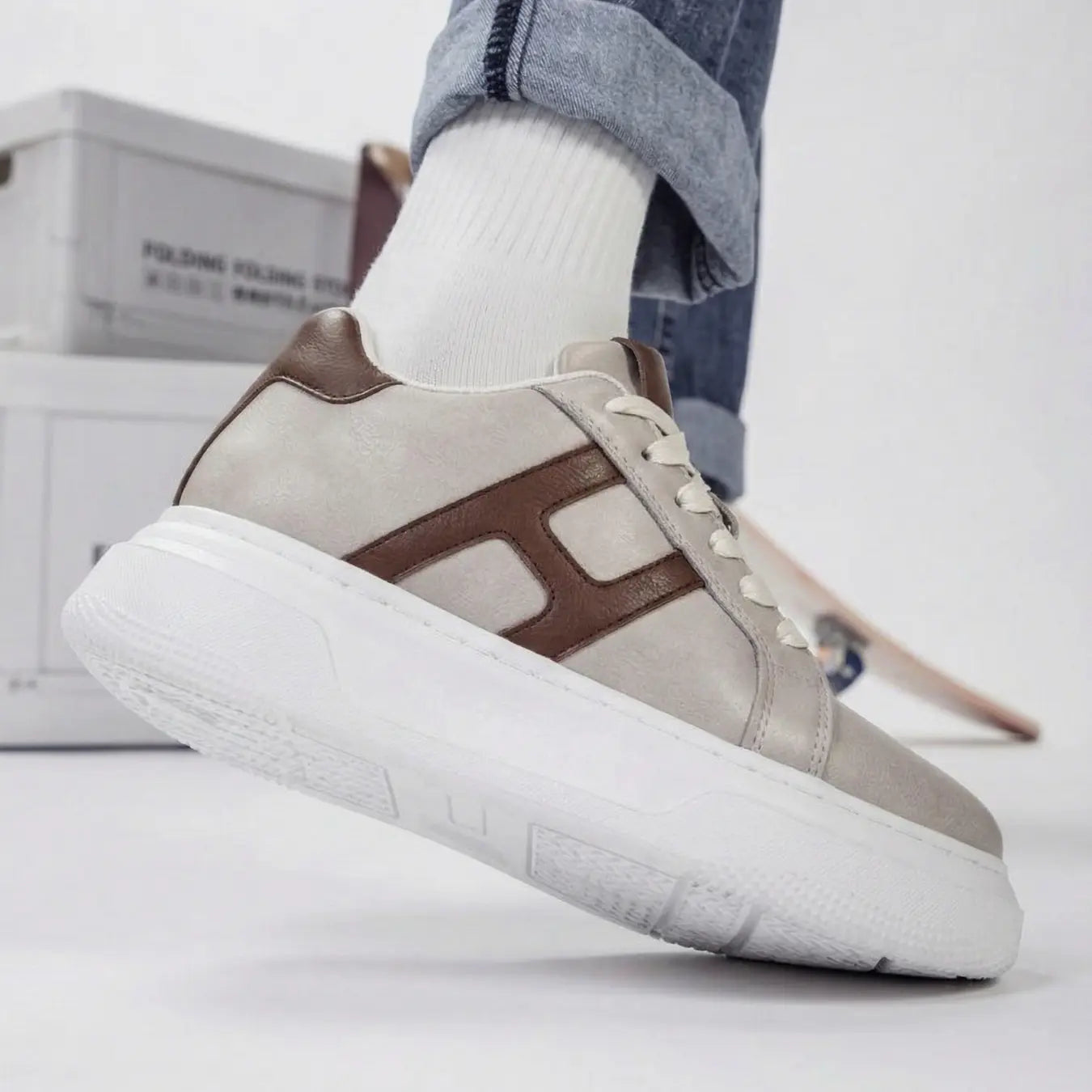 Hexo 8cm height increasing leather sneakers from lucimora, beige