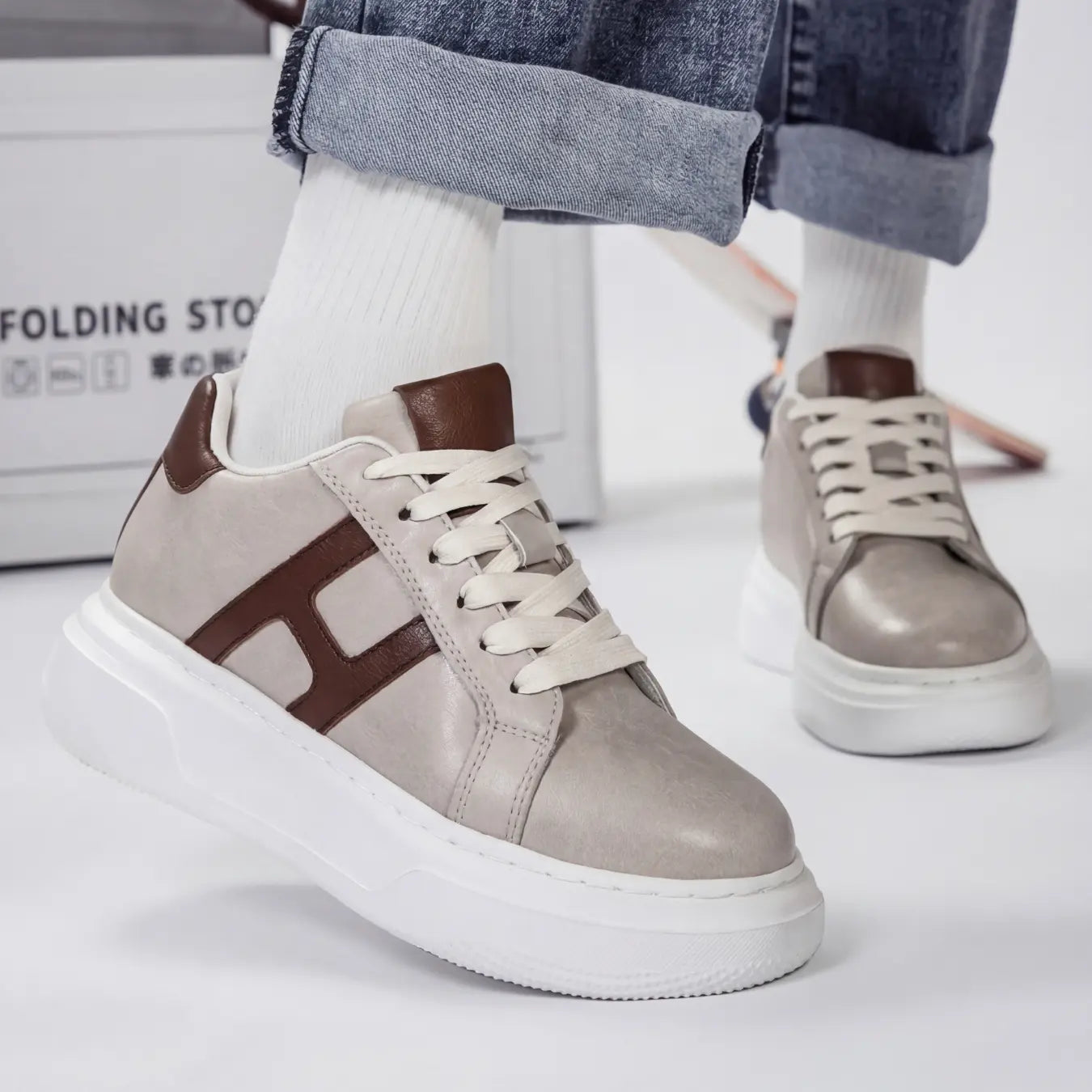 Hexo 8cm height increasing leather sneakers from lucimora, beige